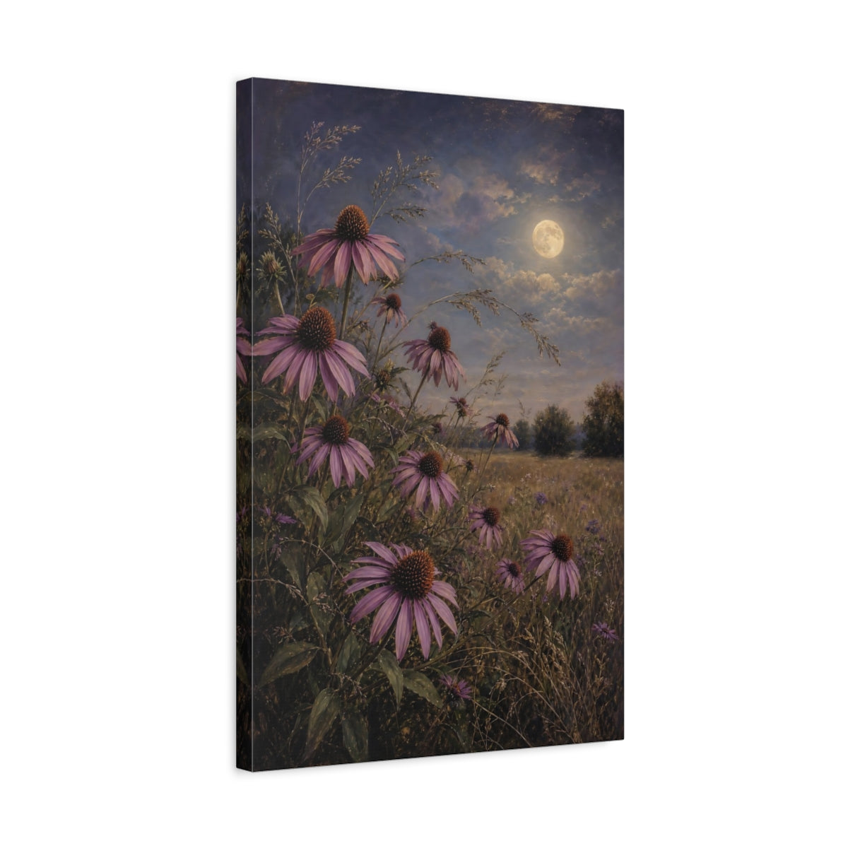 Side Mockup 3. Nature Echinacea Flowers Purple Flowers Moonlight shown as stretched canvas wall art