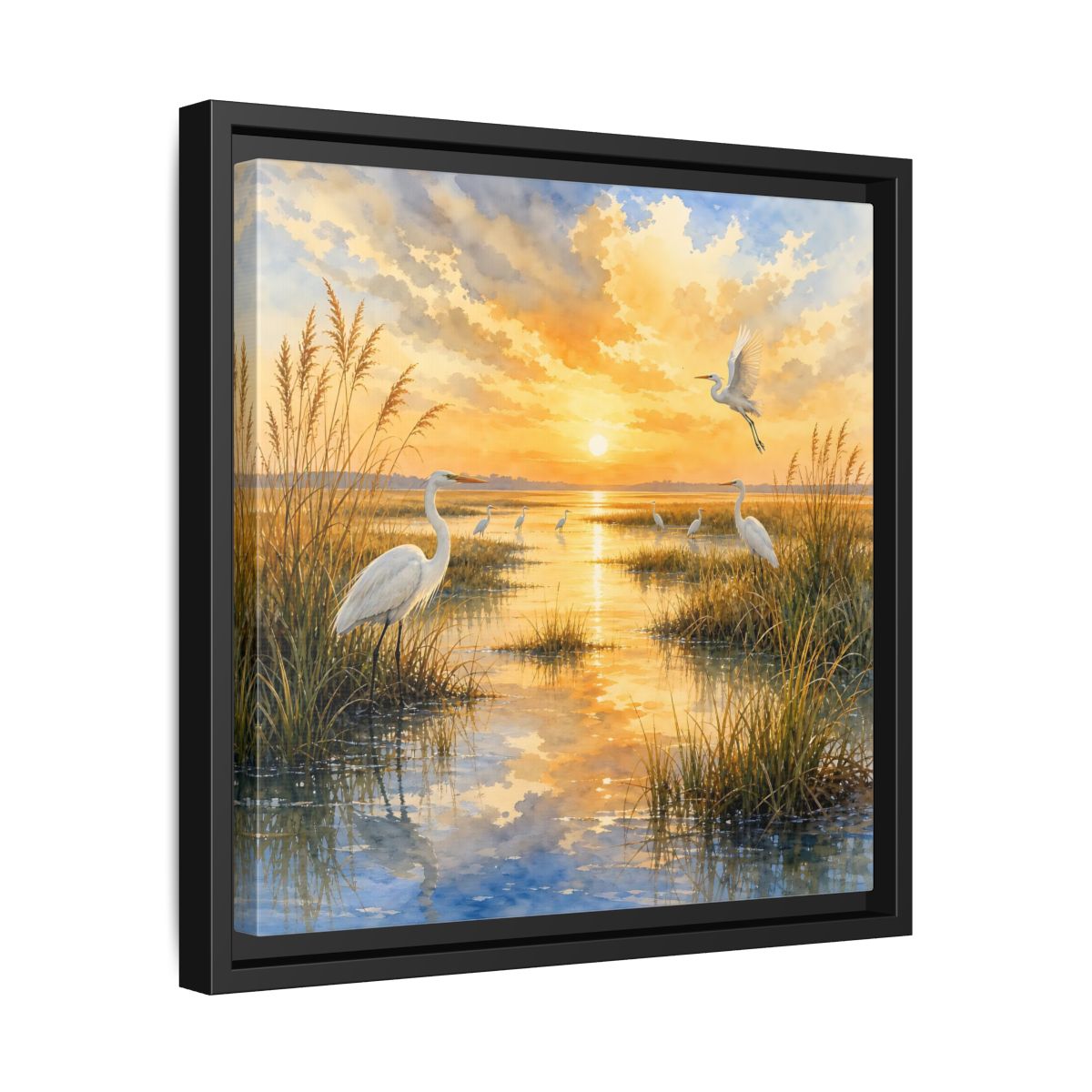 Side Mockup 32. Nature Egrets Golden Sunset Marsh shown as stretched canvas wall art