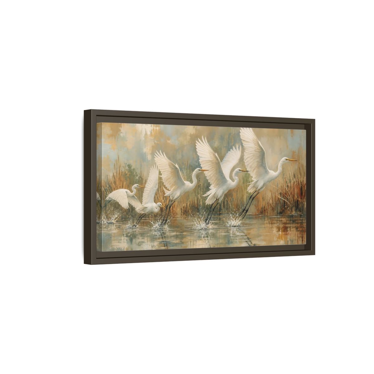 Side Mockup 7. Nature Egrets White Egrets Flight shown as stretched canvas wall art