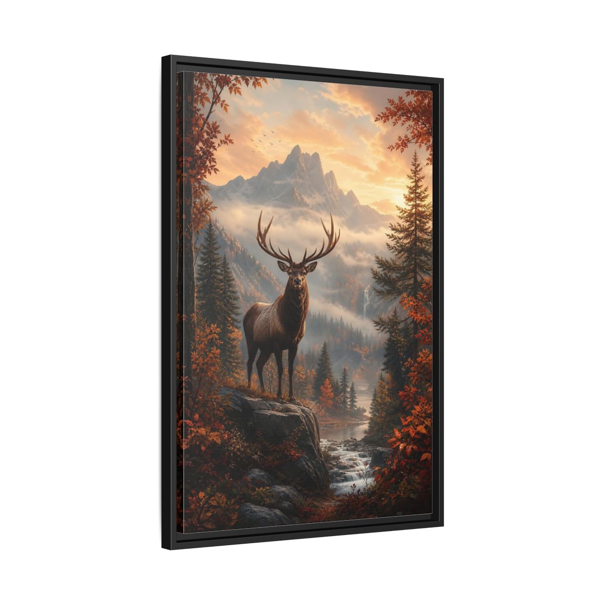 Nature Elk Autumn Landscape Framed Canvas Wall Art - Living Room, Above Console Table shown as canvas wall art