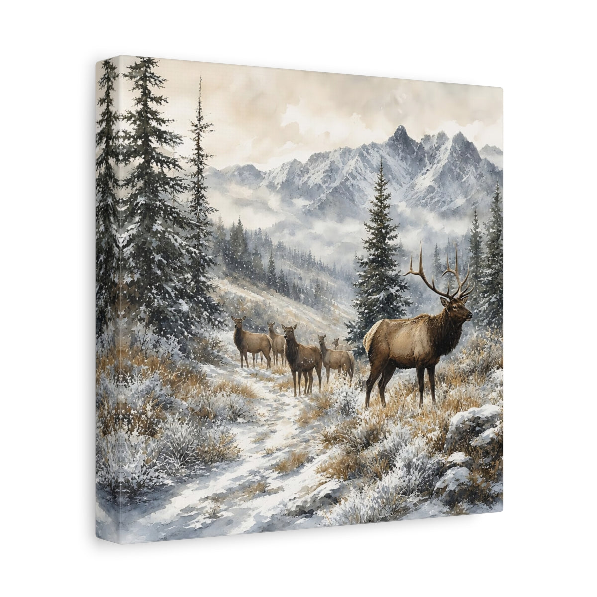 Side Mockup 9. Nature Elk Herd Brown And White Winter shown as stretched canvas wall art