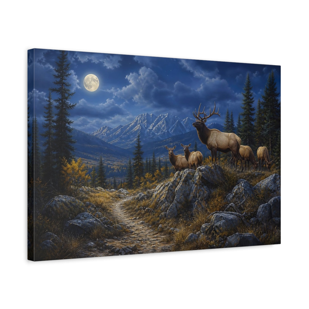 Side Mockup 3. Nature Elk Herd Moonlit Elk Mountain shown as stretched canvas wall art