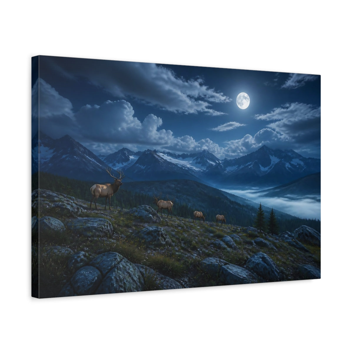Side Mockup 3. Nature Elks Elk Moonlit Mountains shown as stretched canvas wall art