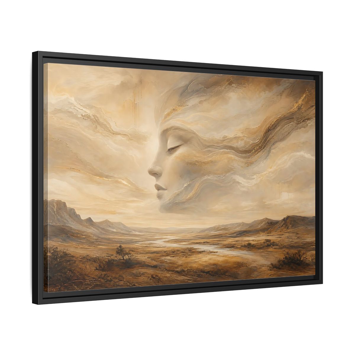 Side Mockup 14. Nature Ethereal Face Gold And Beige shown as stretched canvas wall art