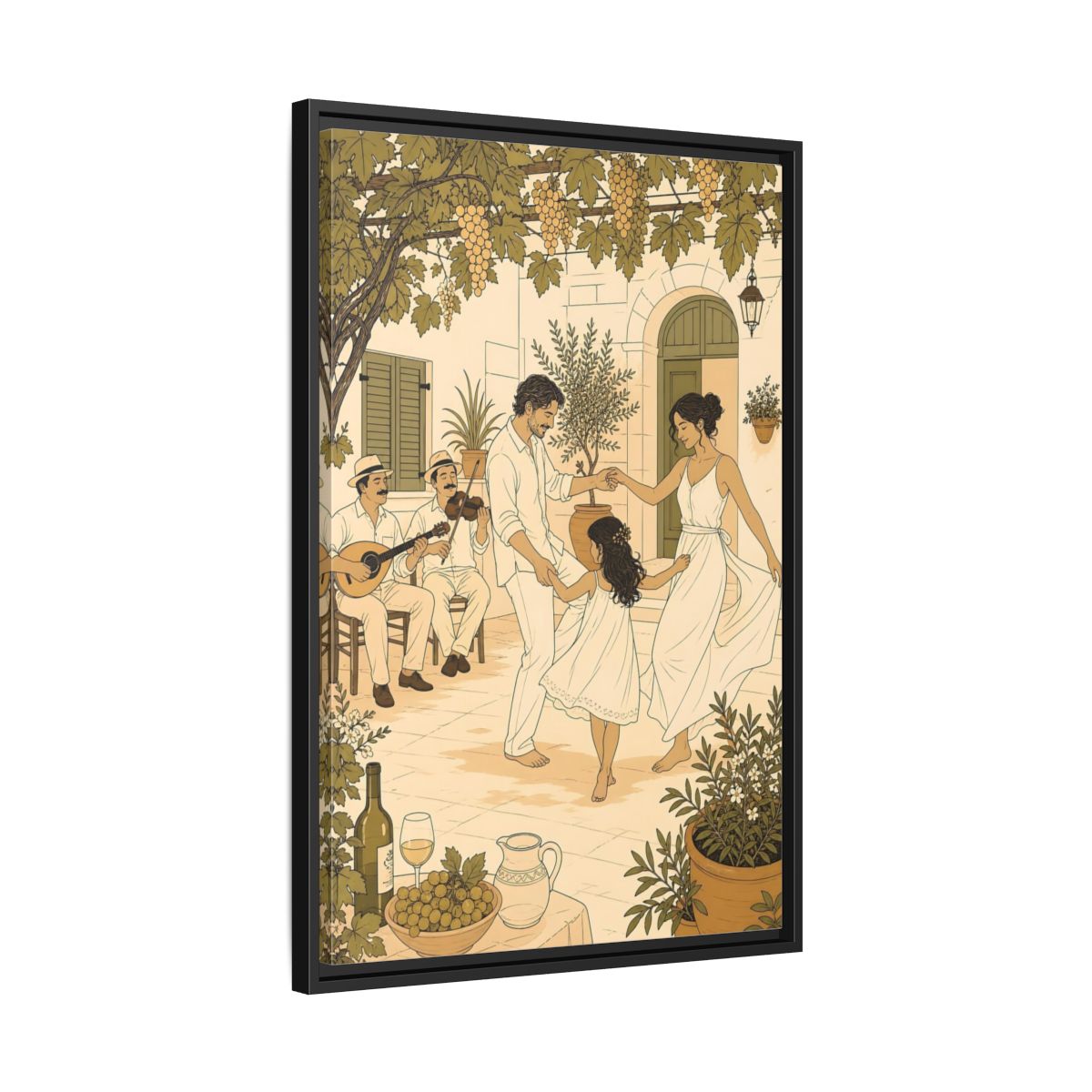 Side Mockup 14. Nature Family Dancing Mediterranean Courtyard shown as framed canvas print