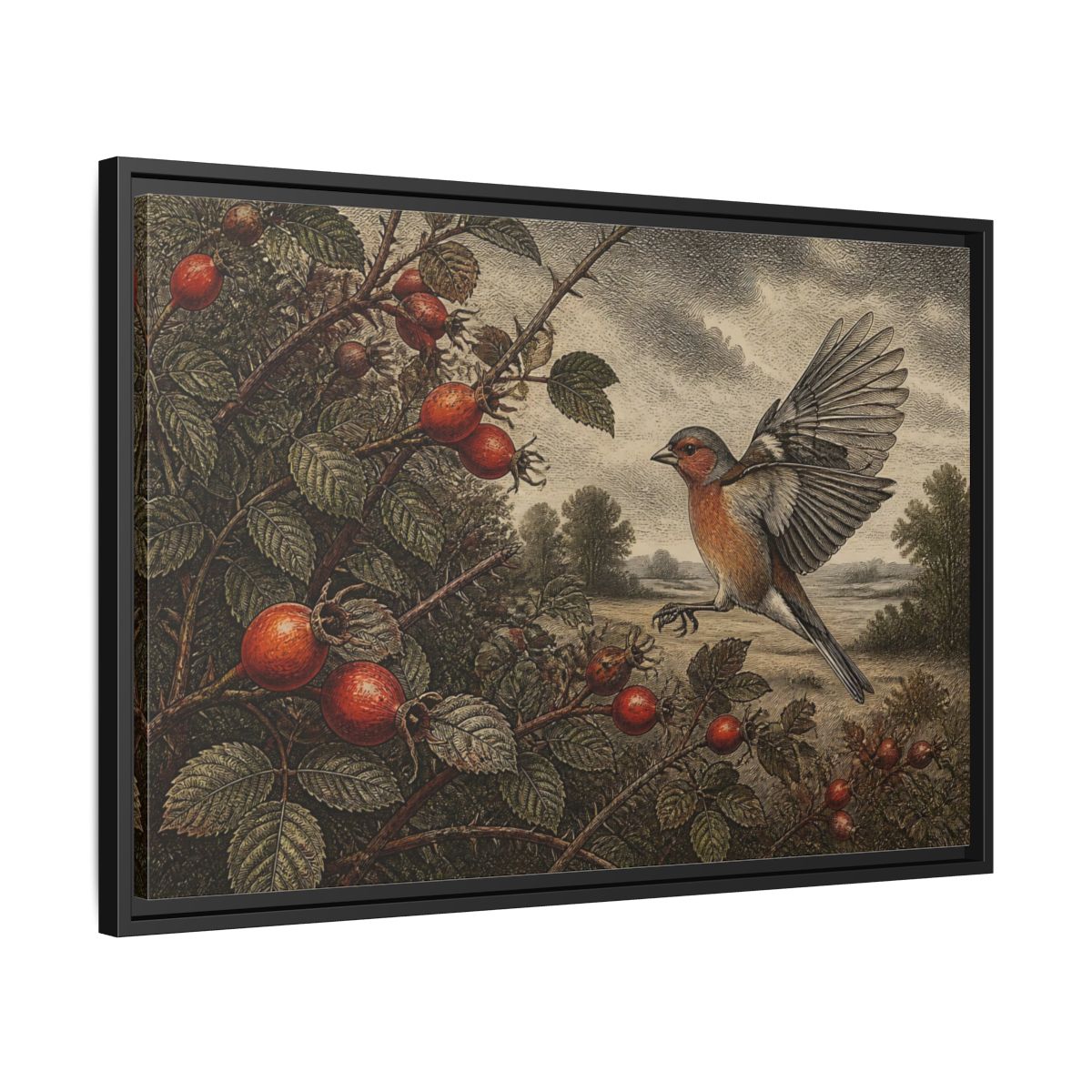 Side Mockup 14. Nature Finch With Rosehips shown as framed canvas print