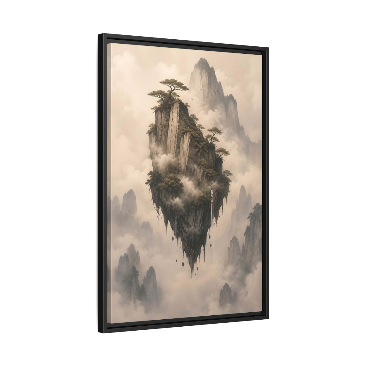 Side Mockup 14. Nature Floating Island Misty Mountain shown as stretched canvas wall art