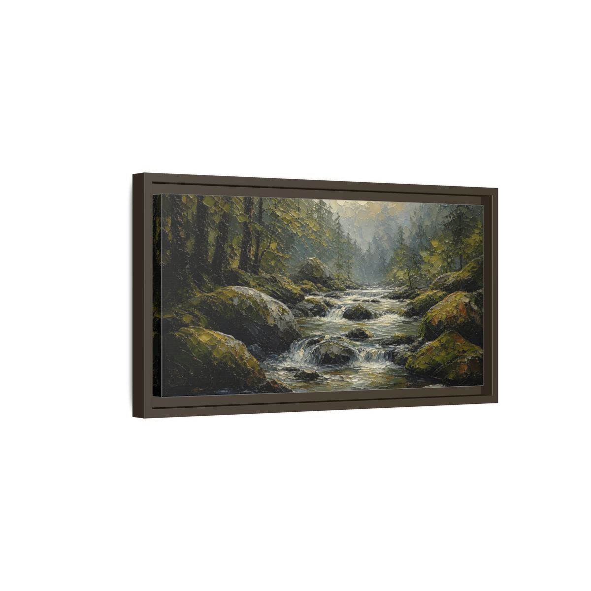 Side Mockup 7. Nature Forest River Green Forest River shown as stretched canvas wall art