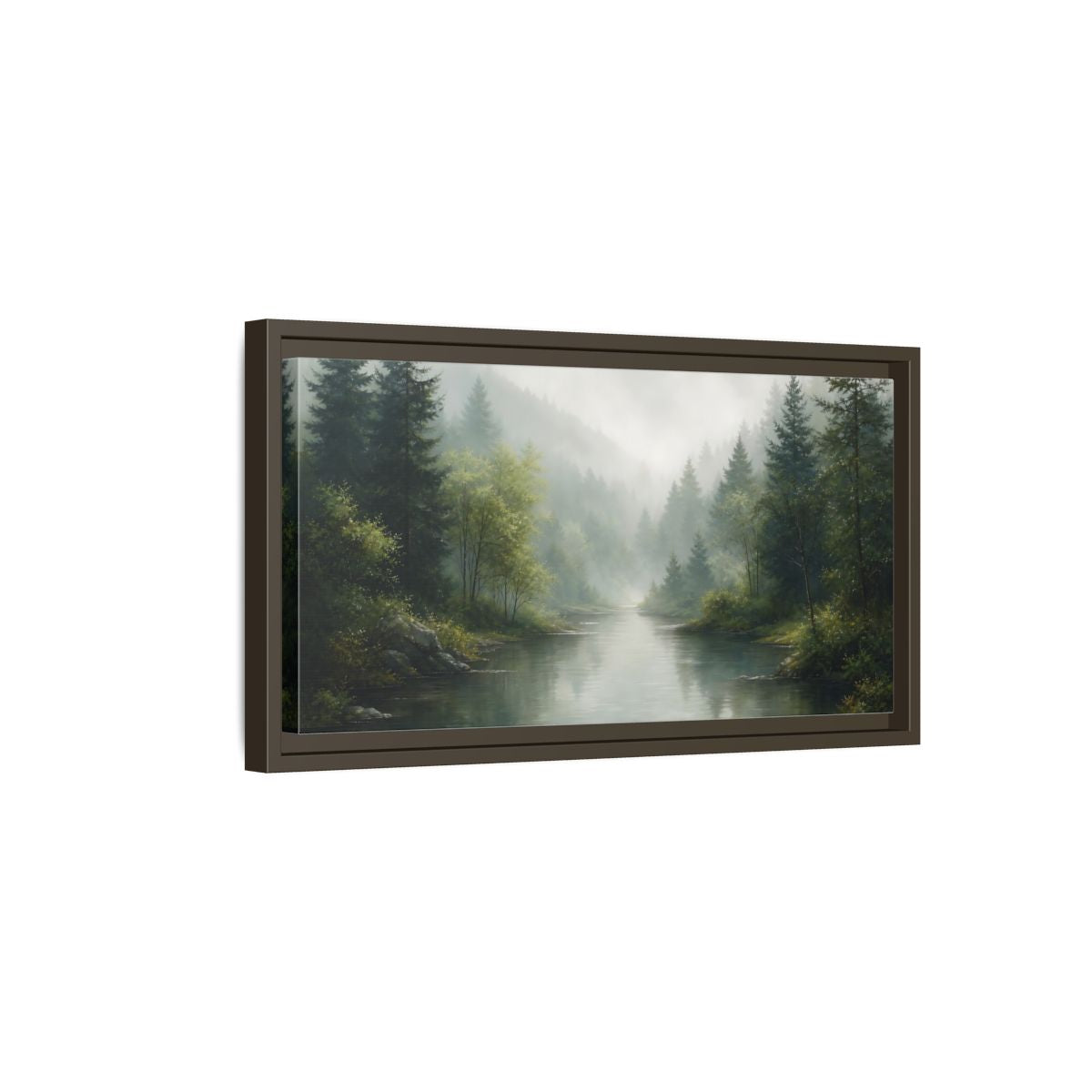 Side Mockup 7. Nature Forest River Misty Green Landscape shown as stretched canvas wall art
