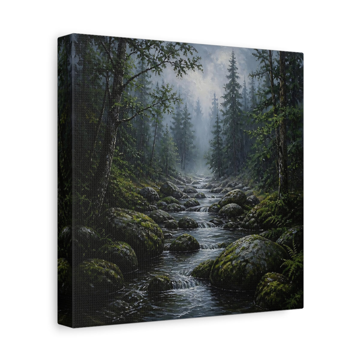 Side Mockup 9. Nature Forest Stream Green Forest Stream shown as stretched canvas wall art