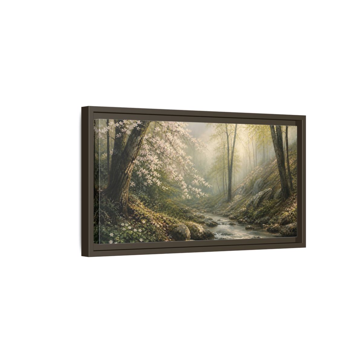 Side Mockup 7. Nature Forest Stream Forest Stream Green shown as stretched canvas wall art