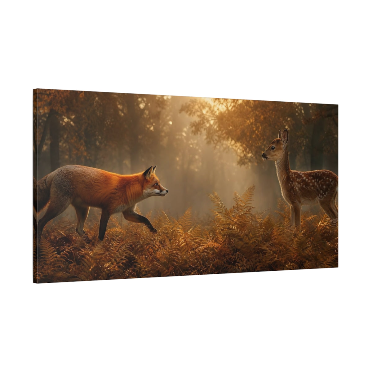 Side Mockup 2. Nature Fox Fawn Autumn Wildlife shown as stretched canvas wall art