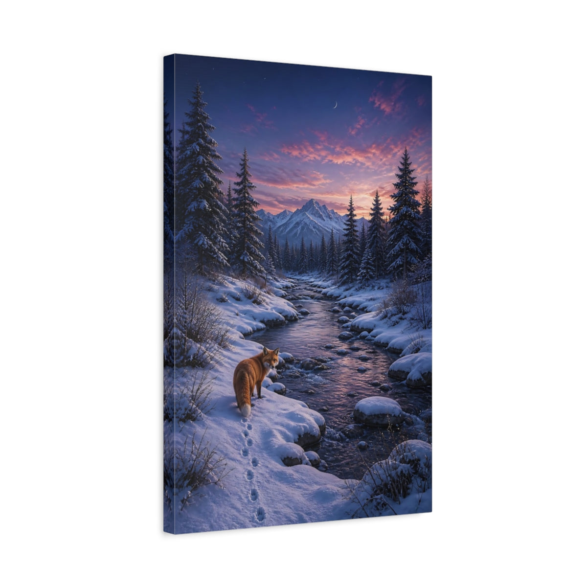 Side Mockup 3. Nature Fox Snowy Sunset Fox shown as stretched canvas wall art