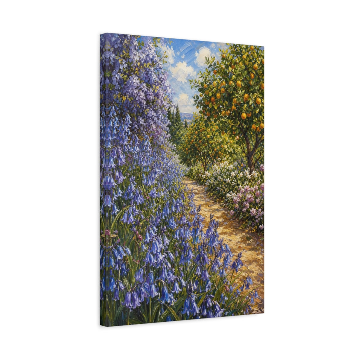 Side Mockup 3. Nature Garden Path Blue And Orange Garden shown as stretched canvas wall art