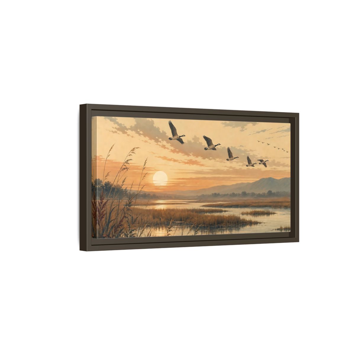 Side Mockup 7. Nature Geese Orange Brown Landscape shown as stretched canvas wall art