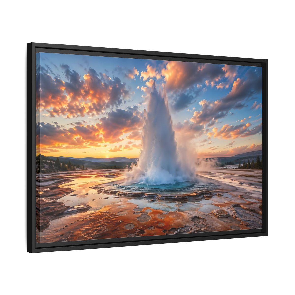 Side Mockup 14. Nature Geyser Orange And Blue shown as stretched canvas wall art