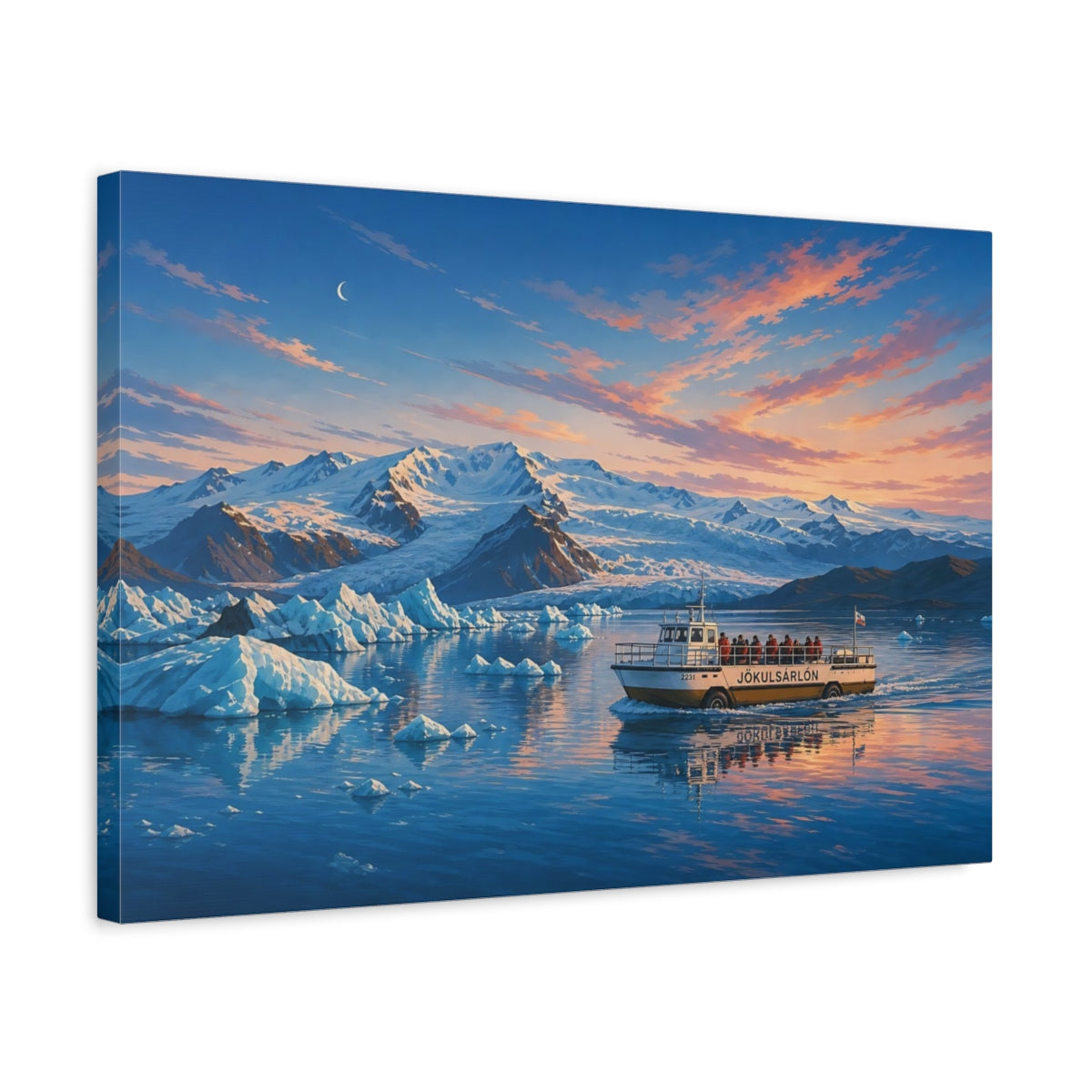 Side Mockup 3. Nature Glacial Lagoon Glacial Sunset shown as stretched canvas wall art