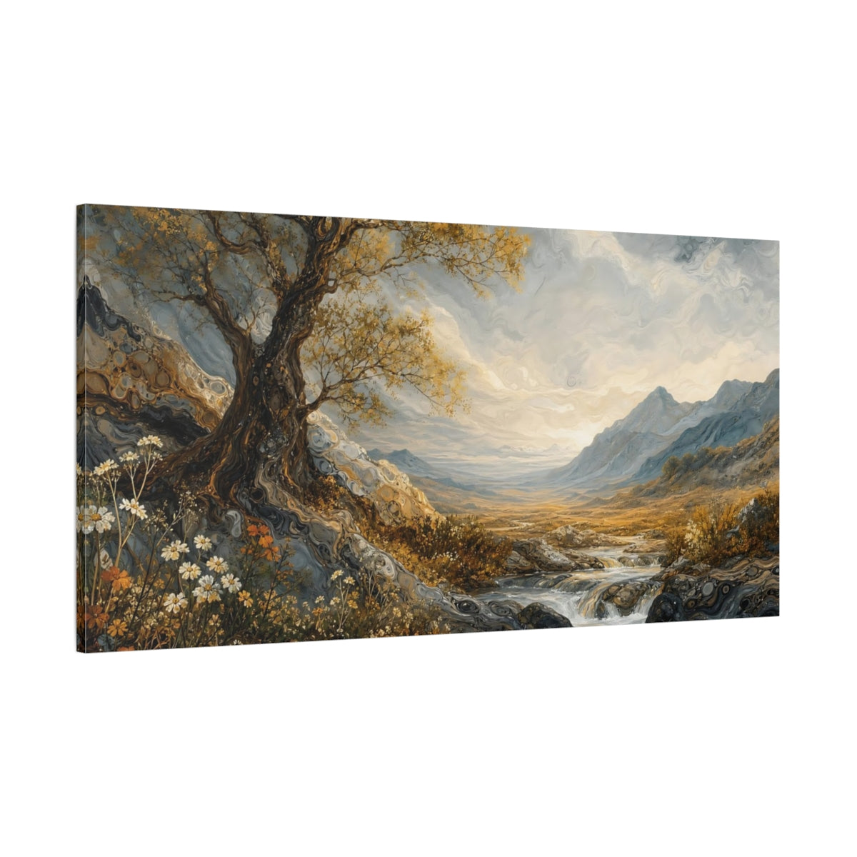 Side Mockup 2. Nature Gnarly Tree Golden Tree Landscape shown as stretched canvas wall art