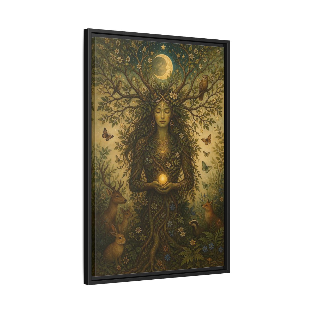 Side Mockup 14. Nature Nature Goddess Green And Gold shown as stretched canvas wall art