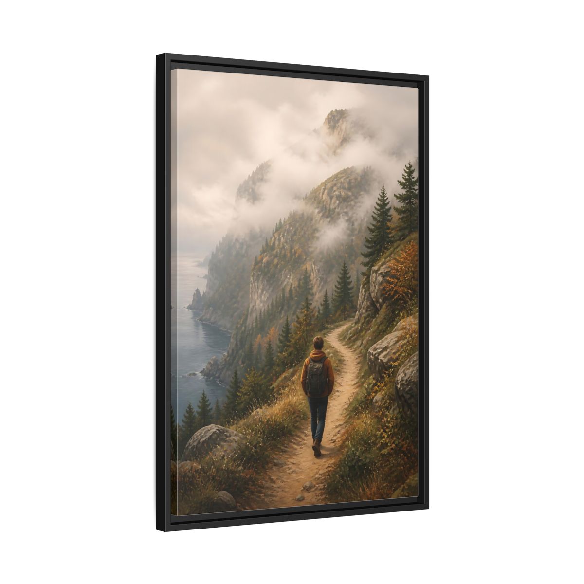 Side Mockup 14. Nature Hiker Misty Mountain Trail shown as stretched canvas wall art