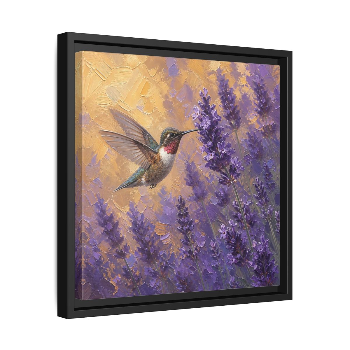 Side Mockup 32. Nature Hummingbird Lavender And Gold shown as stretched canvas wall art