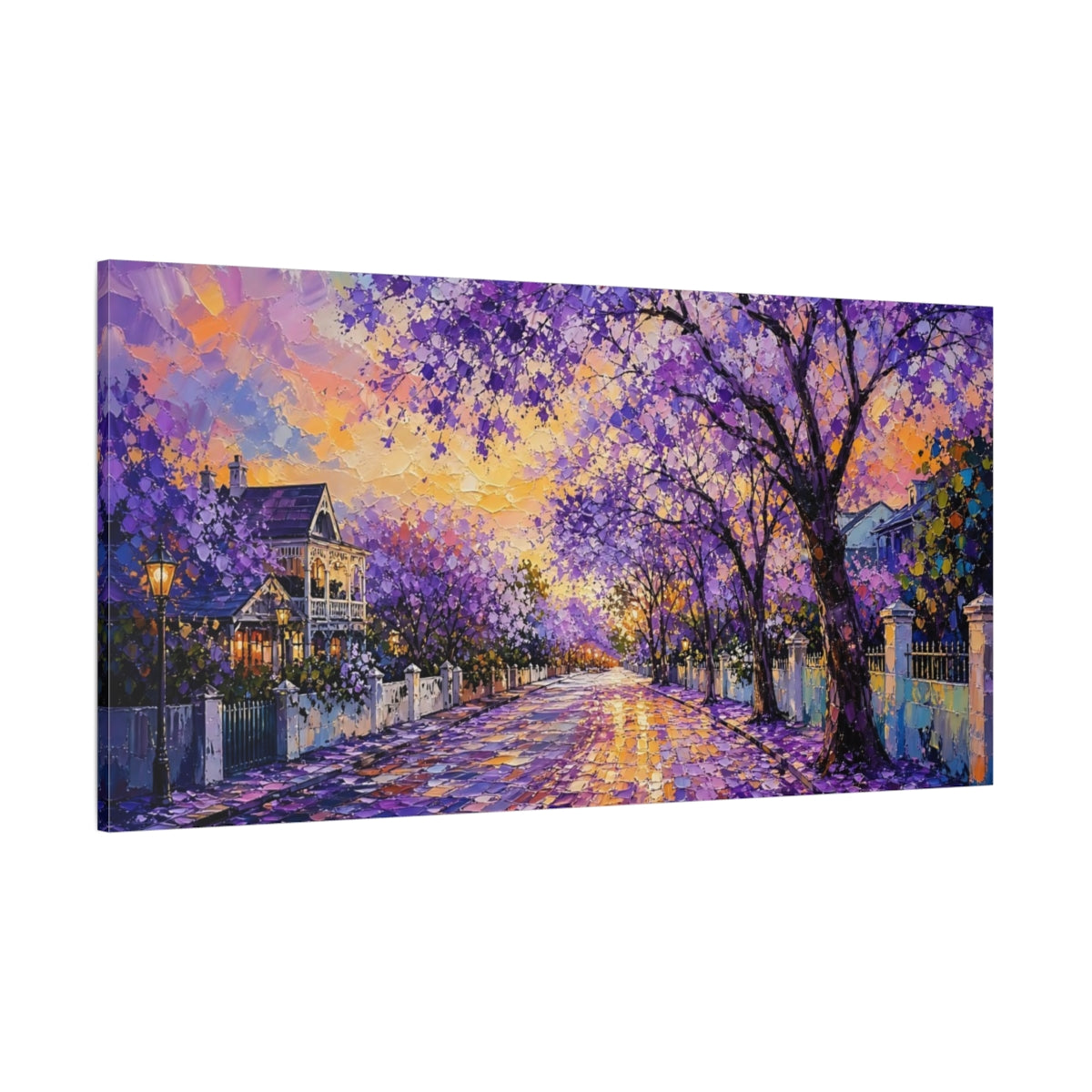 Side Mockup 2. Nature Jacaranda Trees Purple And Orange shown as stretched canvas wall art