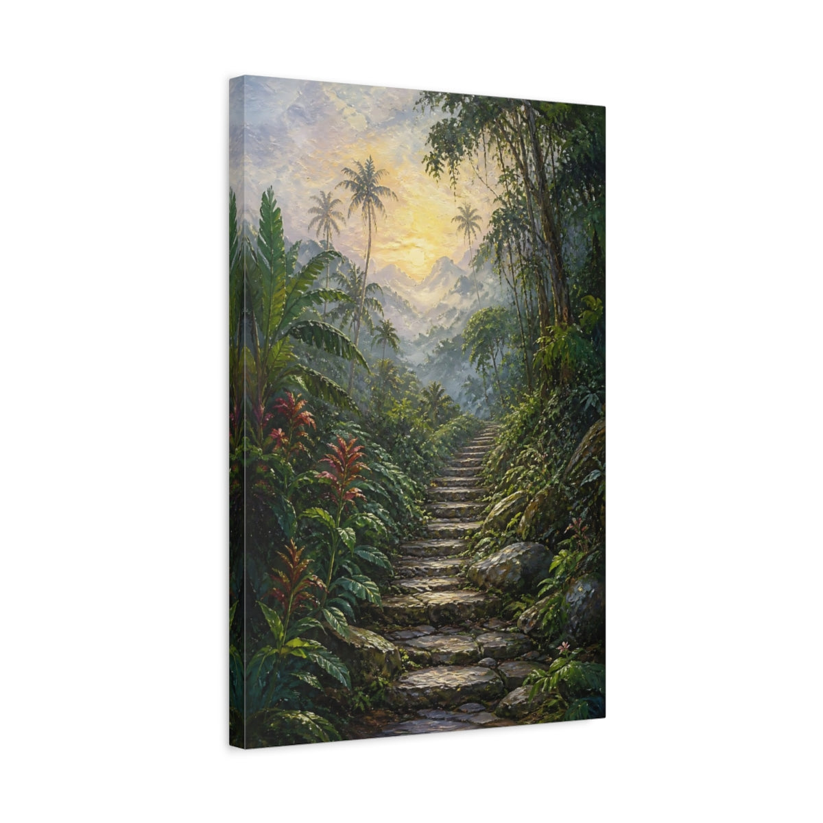 Side Mockup 3. Nature Jungle Path Green And Gold shown as stretched canvas wall art