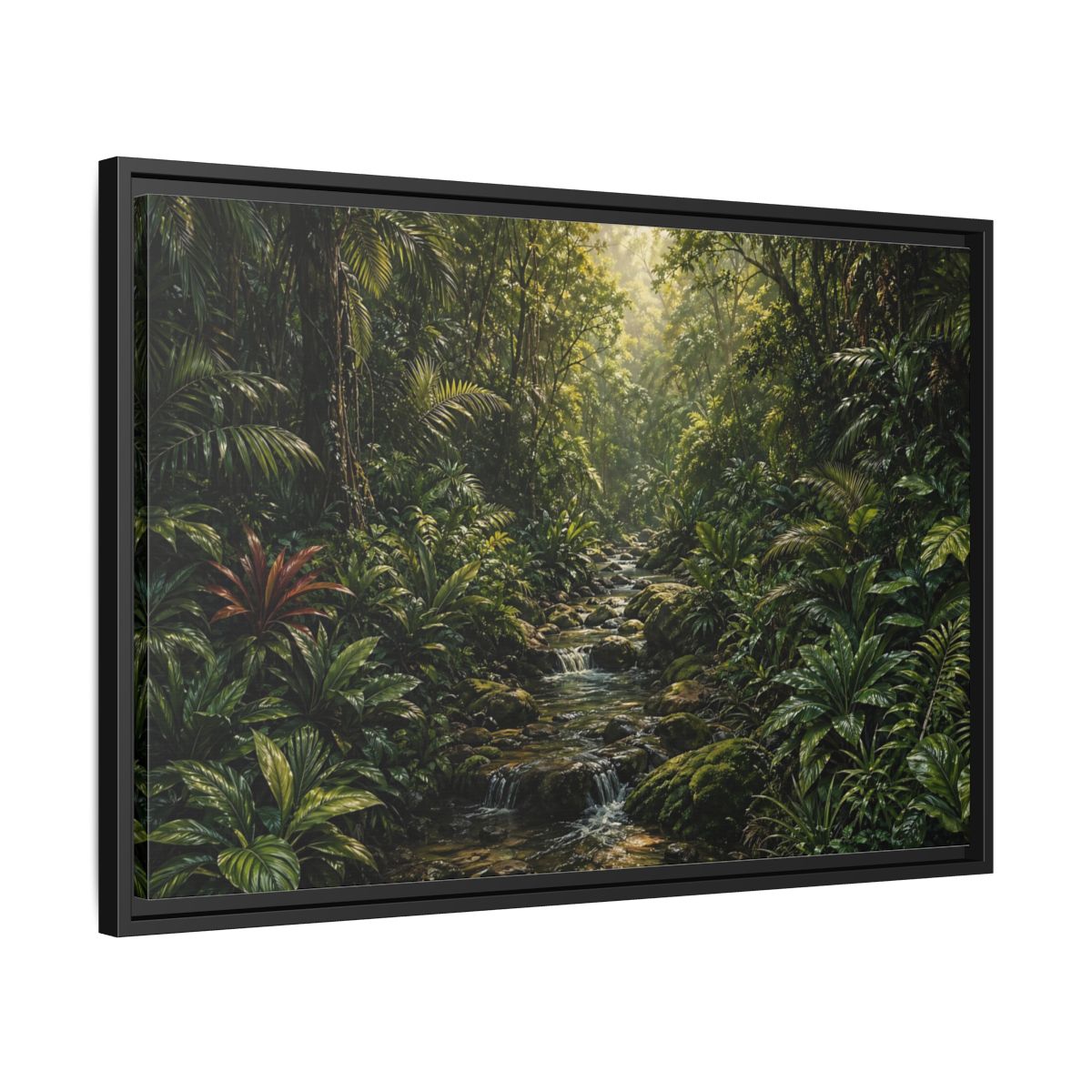 Side Mockup 14. Nature Jungle River Green Jungle shown as stretched canvas wall art