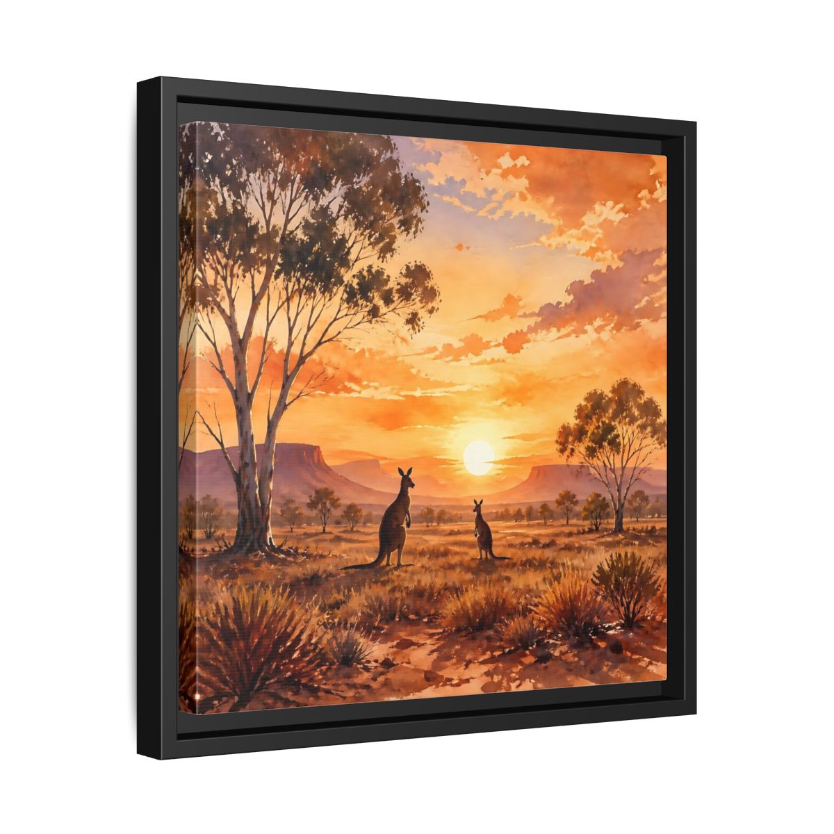 Side Mockup 32. Nature Kangaroos Orange Sunset Kangaroos shown as stretched canvas wall art
