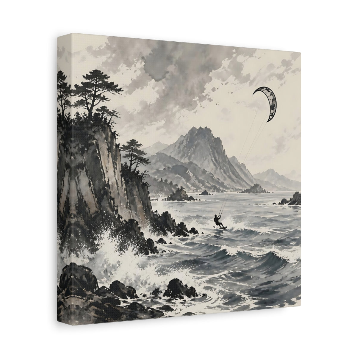 Side Mockup 9. Nature Kitesurfer Grey And Black shown as stretched canvas wall art