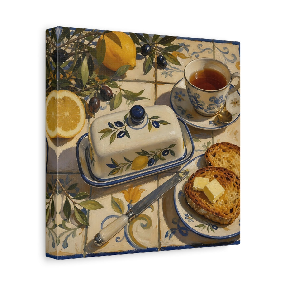 Side Mockup 9. Nature Lemons And Olives Lemon Olive Breakfast shown as stretched canvas wall art