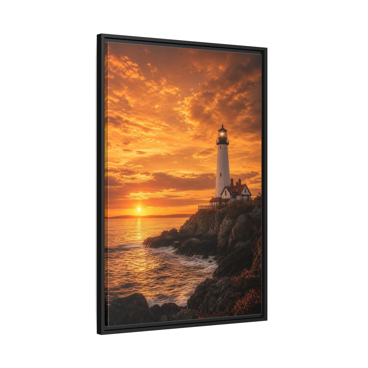 Side Mockup 13. Nature Lighthouse Orange Lighthouse Sunset shown as stretched canvas wall art
