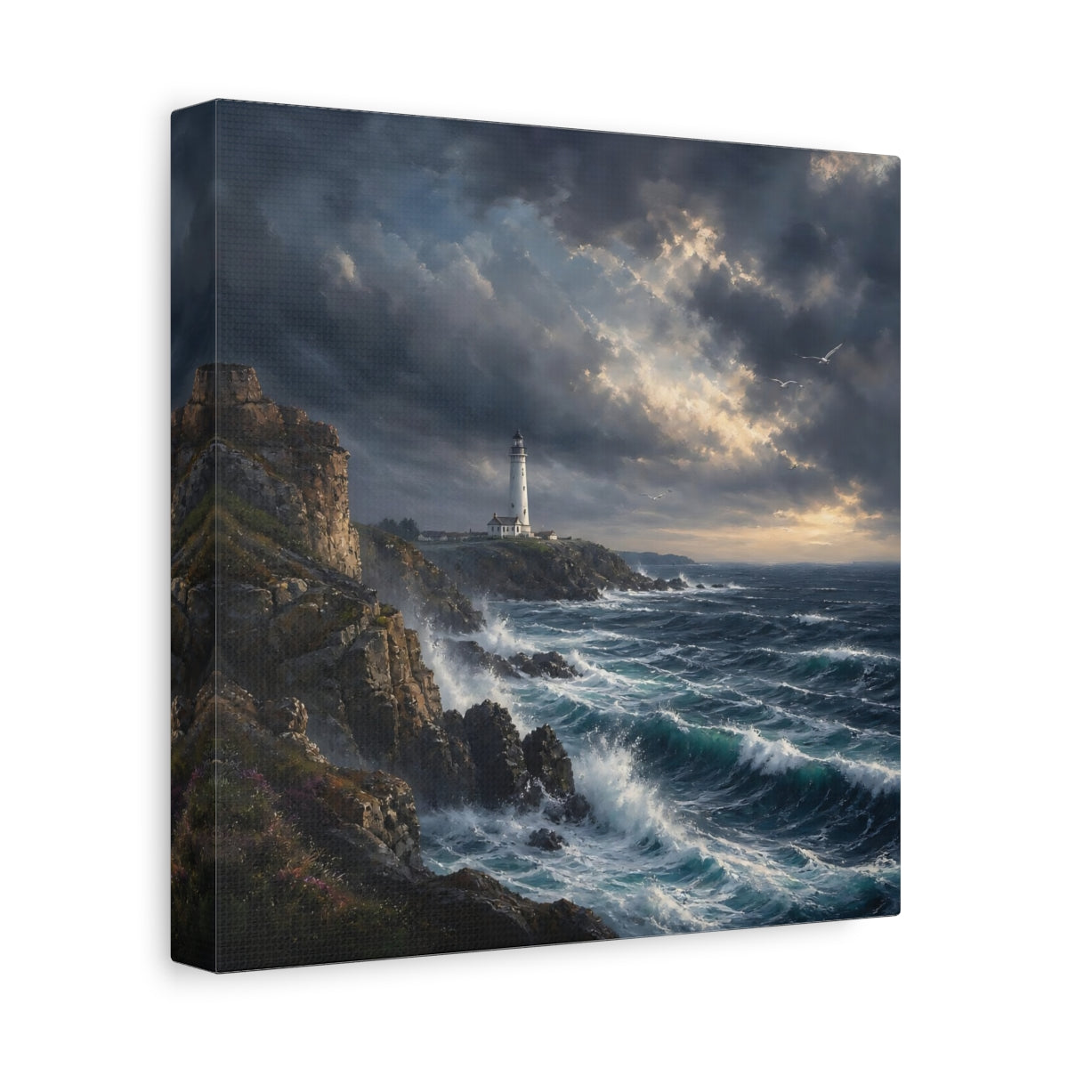 Side Mockup 9. Nature Lighthouse Stormy Coastal shown as stretched canvas wall art