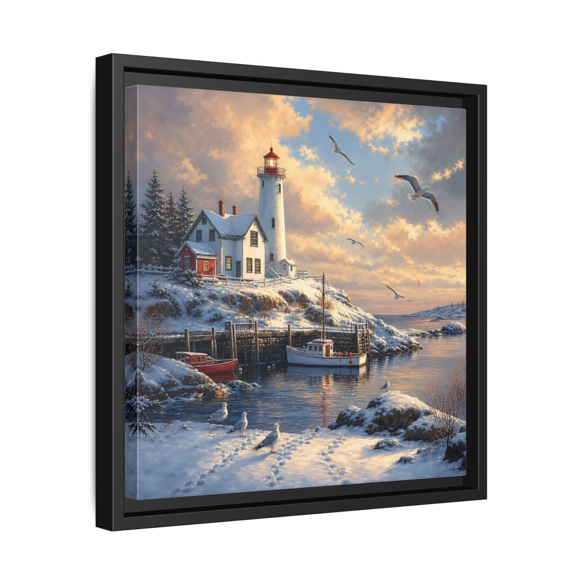 Side Mockup 32. Nature Lighthouse Winter Lighthouse Scene shown as stretched canvas wall art