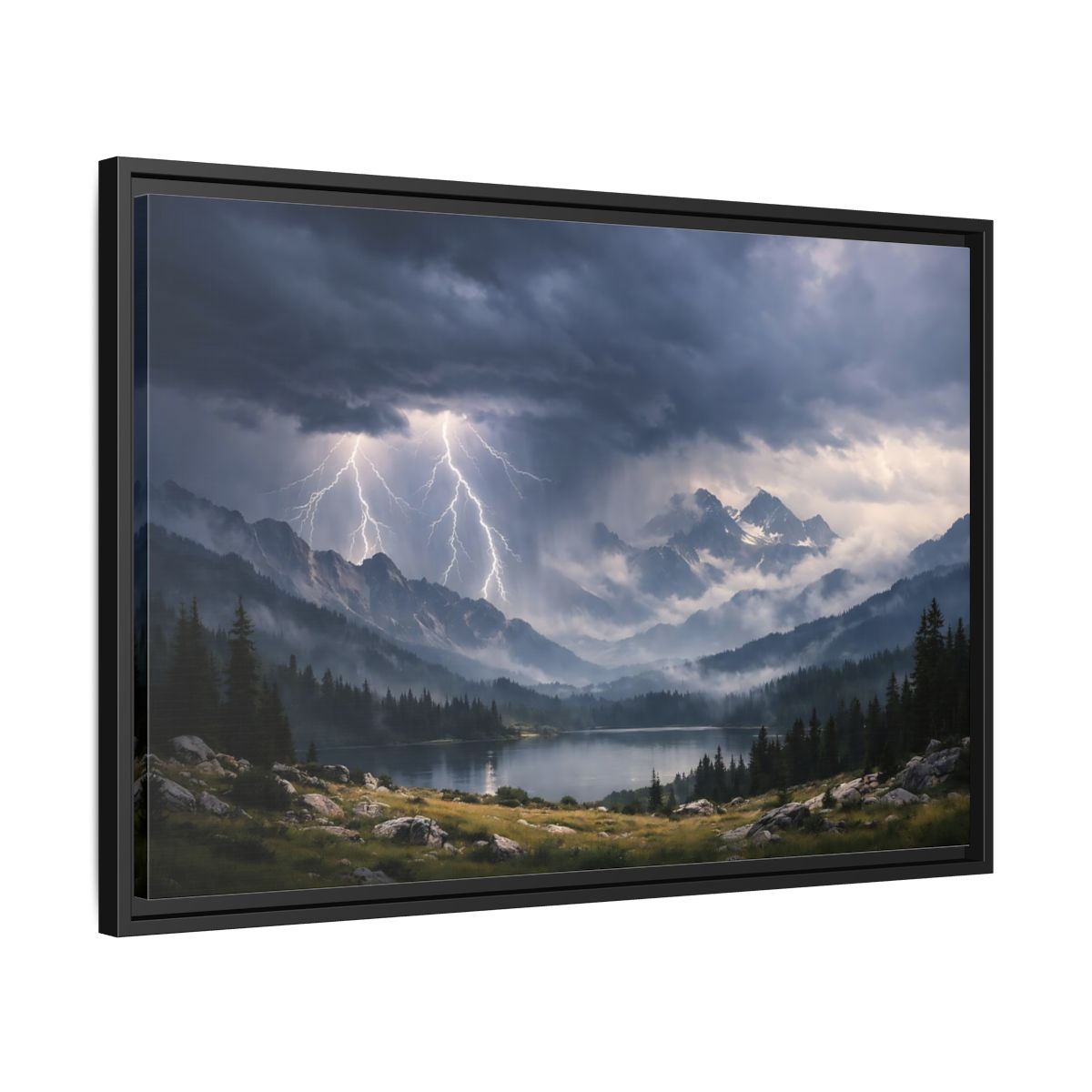 Side Mockup 14. Nature Lightning Storm Mountain Lightning Storm shown as stretched canvas wall art