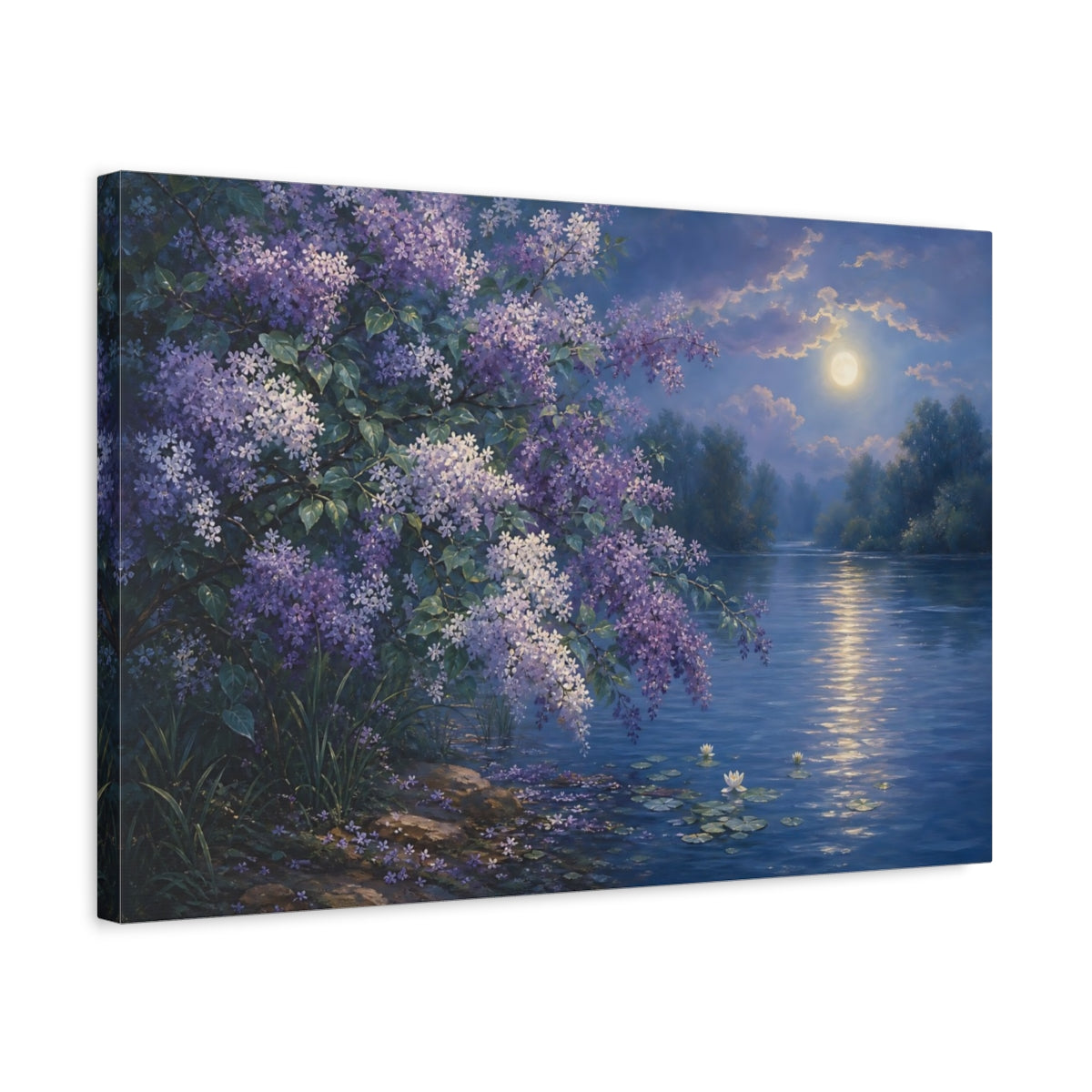 Side Mockup 3. Nature Lilac Flowers Purple Lilac Night shown as stretched canvas wall art