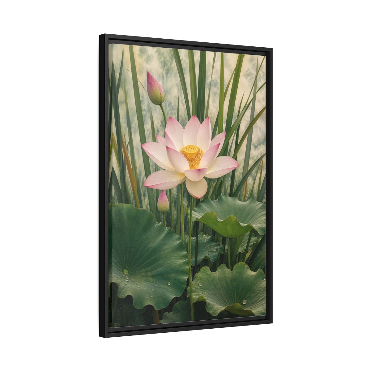 Nature Lotus Flower Pink and Green Framed Canvas Wall Art - Living Room shown as canvas wall art