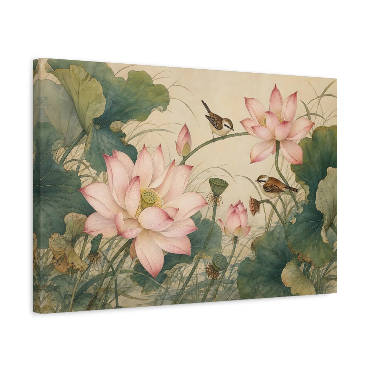 Side Mockup 3. Nature Lotus Flowers Pink And Green shown as stretched canvas wall art