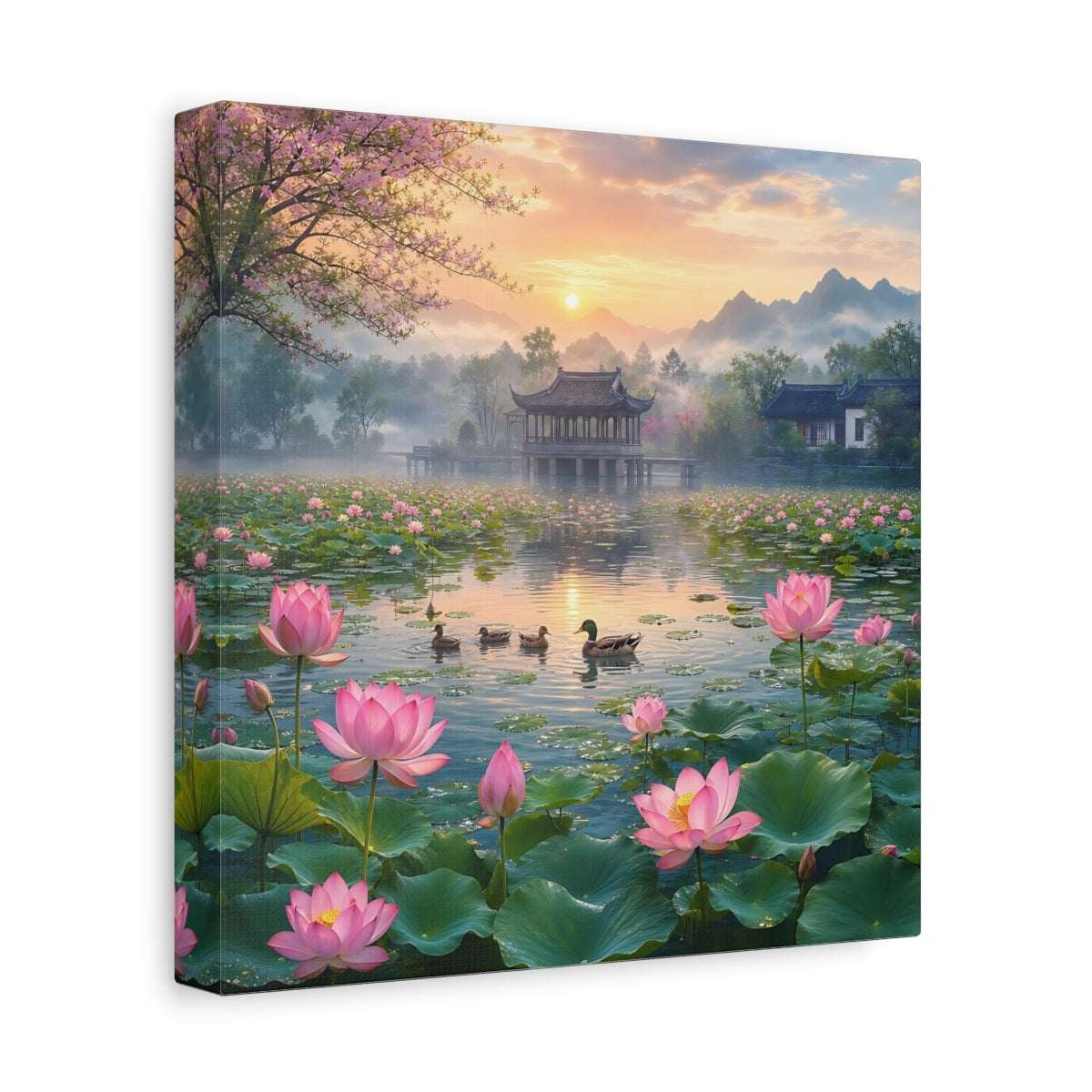 Side Mockup 9. Nature Lotus Pond Pink Lotus Pond shown as stretched canvas wall art