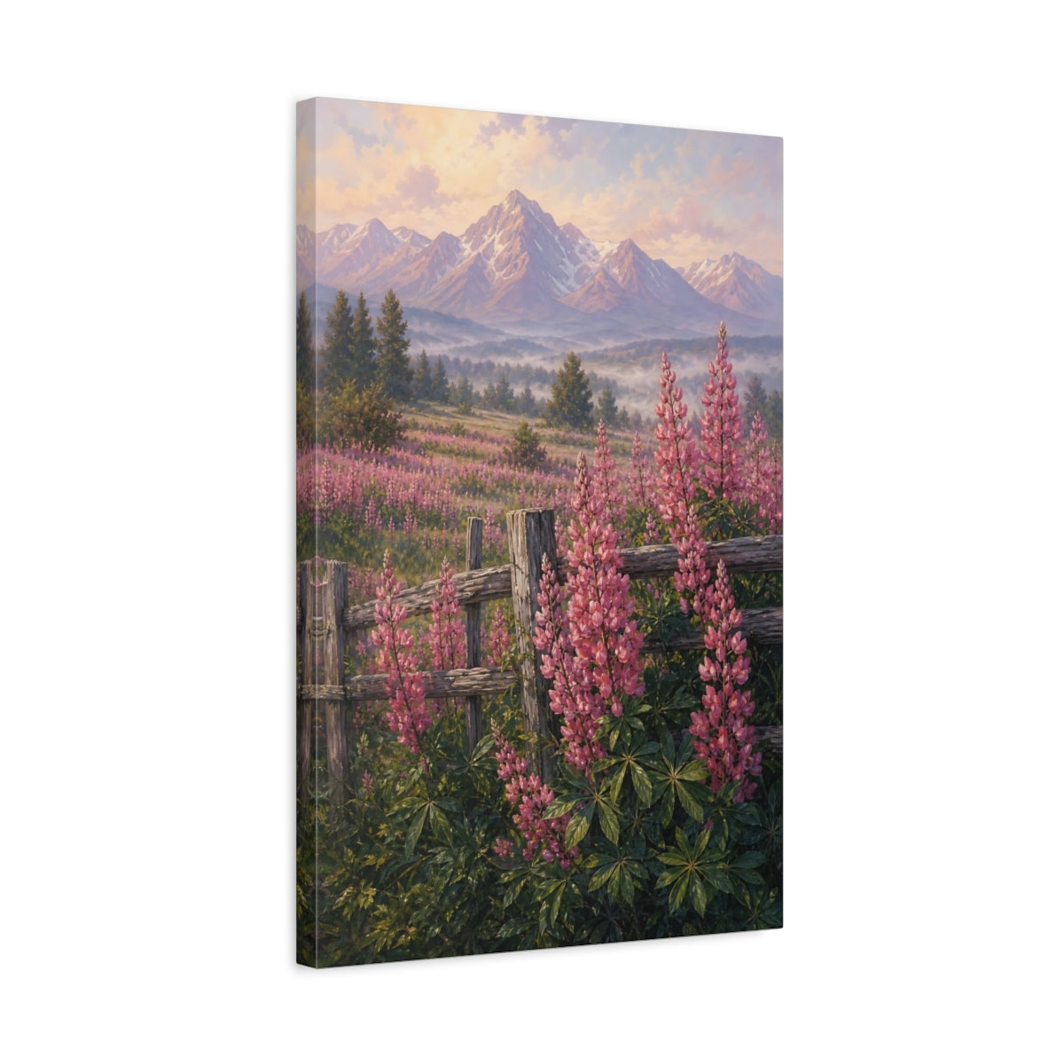 Side Mockup 3. Nature Lupin Flowers Pink Lupin Mountains shown as stretched canvas wall art