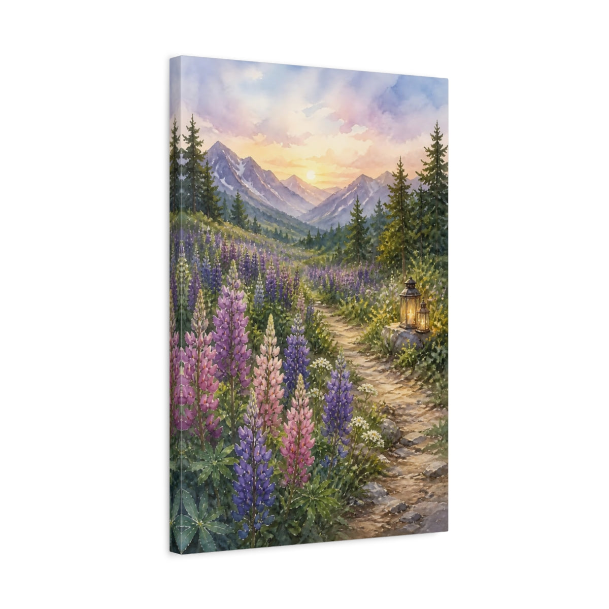 Side Mockup 3. Nature Lupine Field Purple Mountain Sunset shown as stretched canvas wall art
