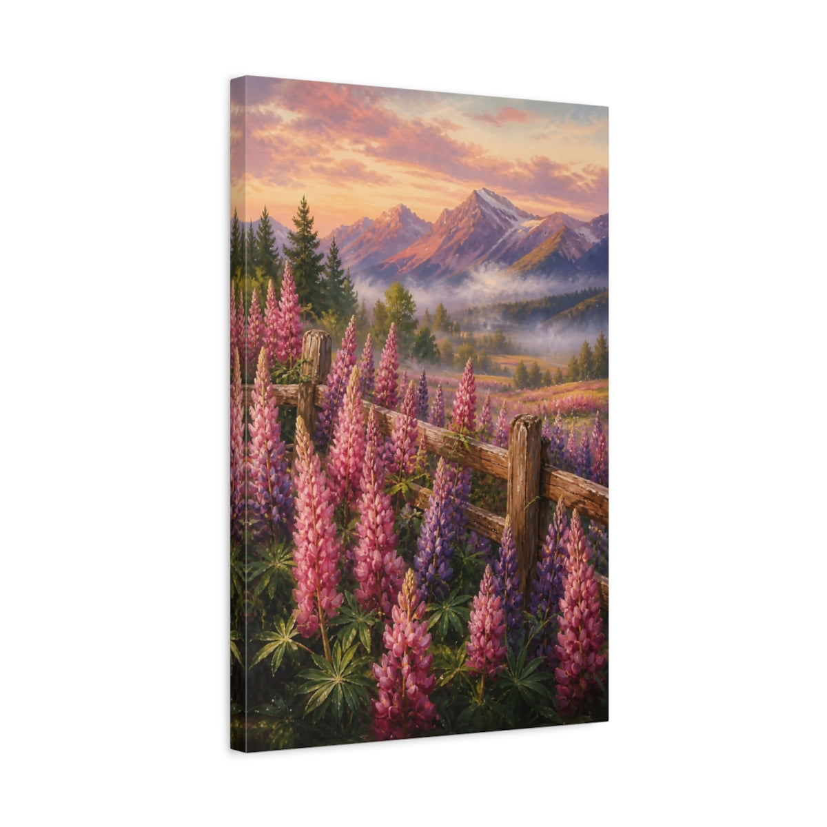 Side Mockup 3. Nature Lupine Flowers Pink Purple Flowers shown as stretched canvas wall art