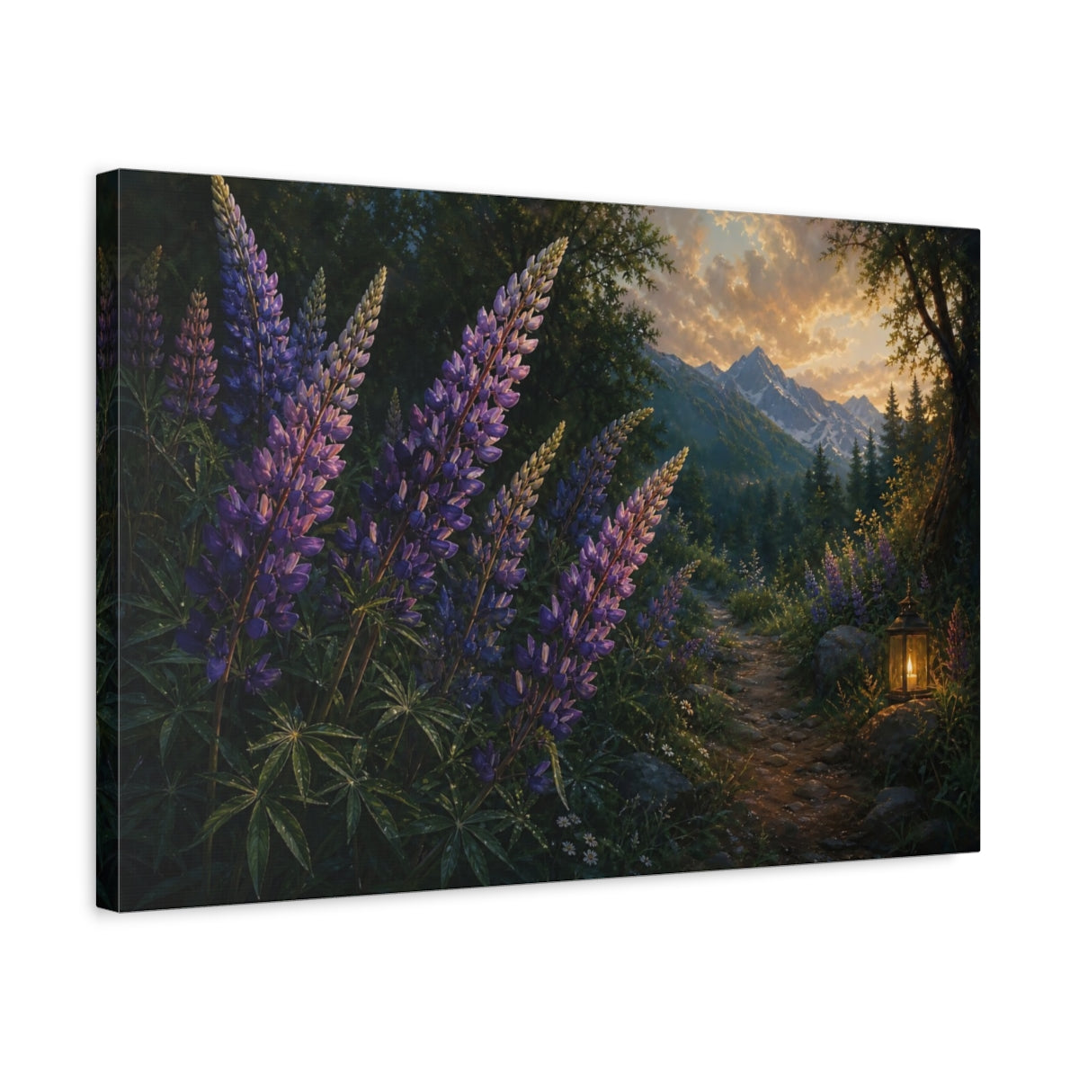 Side Mockup 3. Nature Lupines Purple And Green shown as stretched canvas wall art