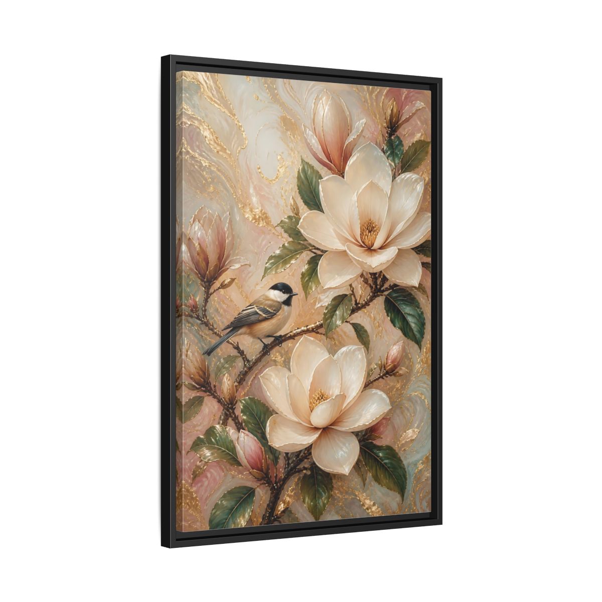 Side Mockup 14. Nature Magnolia Bird Pink Gold Nature shown as stretched canvas wall art