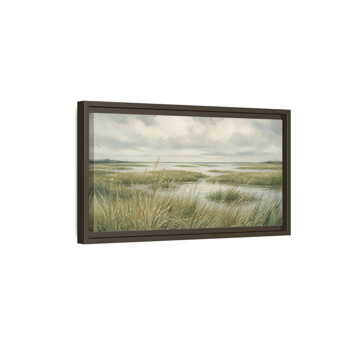 Side Mockup 7. Nature Marshland Green And Grey shown as stretched canvas wall art
