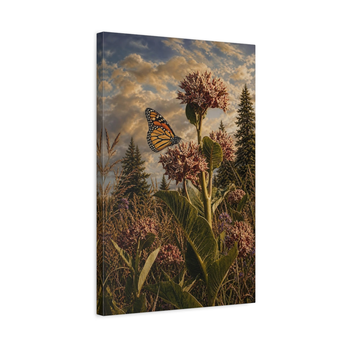 Side Mockup 3. Nature Monarch Butterfly Monarch Butterfly Field shown as stretched canvas wall art