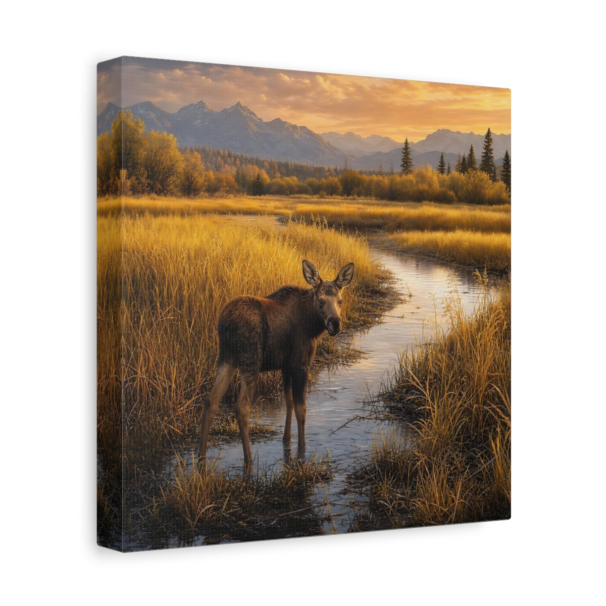 Side Mockup 9. Nature Moose Golden Moose shown as stretched canvas wall art