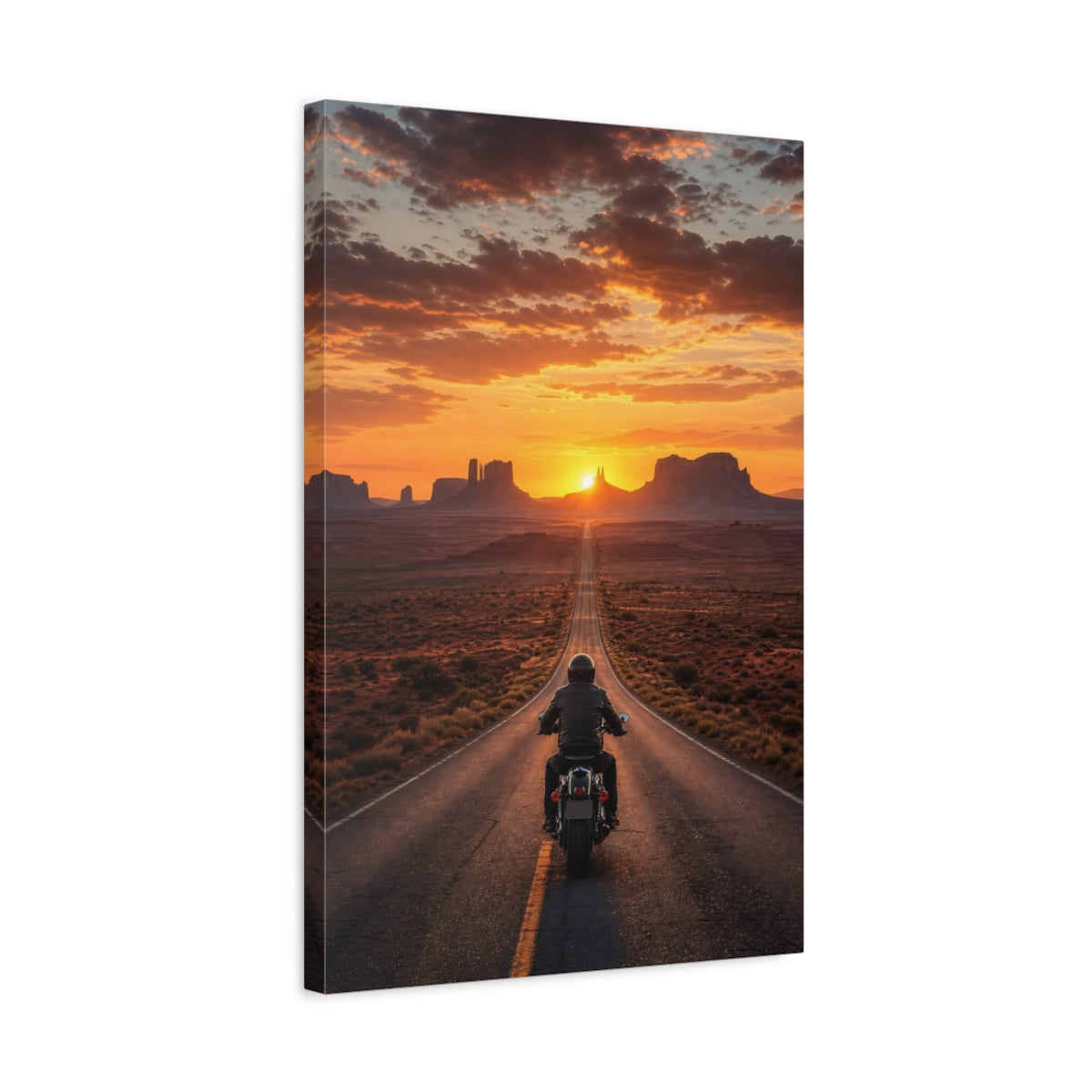 Nature Motorcyclist Orange Sunset Canvas Wall Art Print - Living Room, Above Couch shown as canvas wall art
