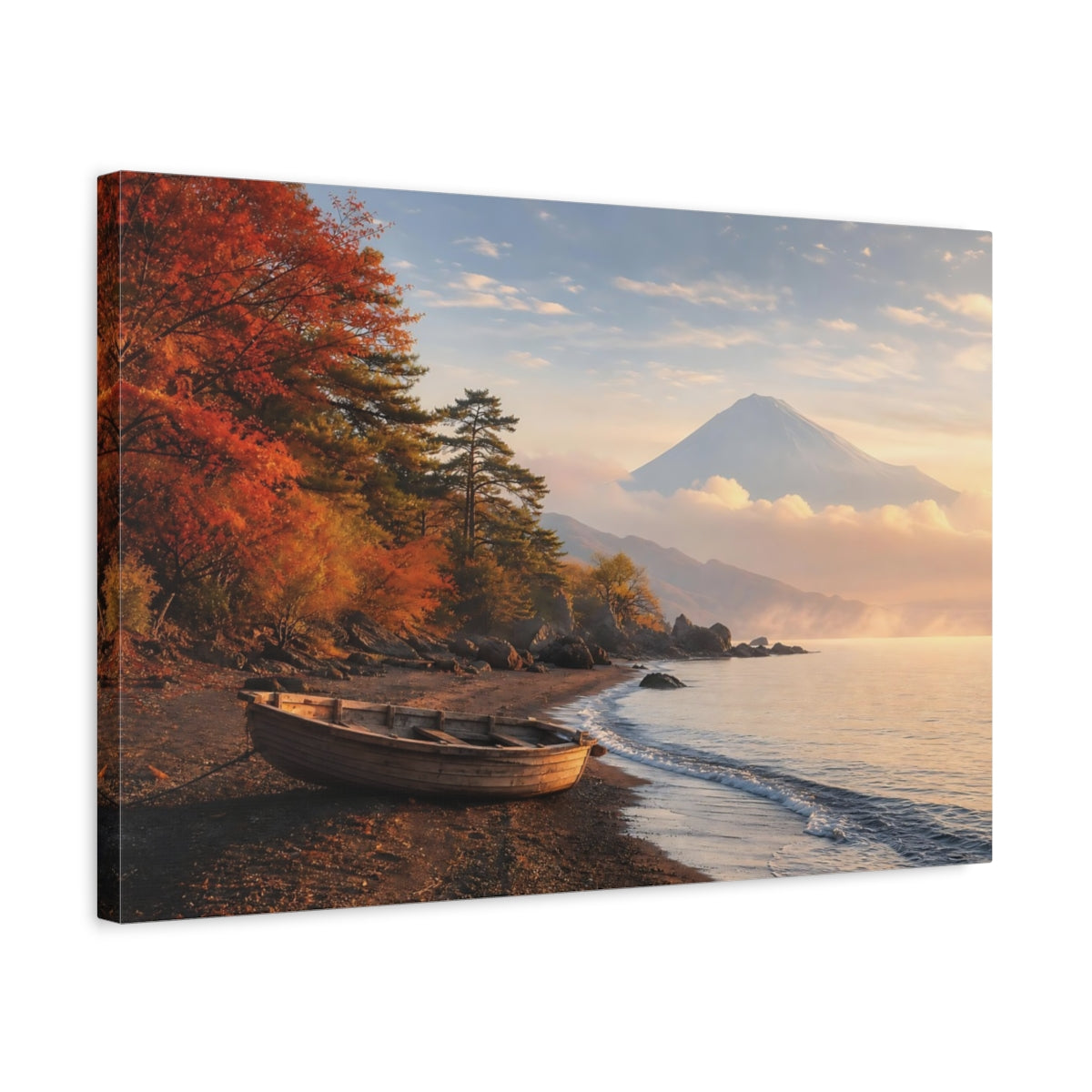 Side Mockup 3. Nature Mount Fuji Autumn Mountain Lake shown as stretched canvas wall art