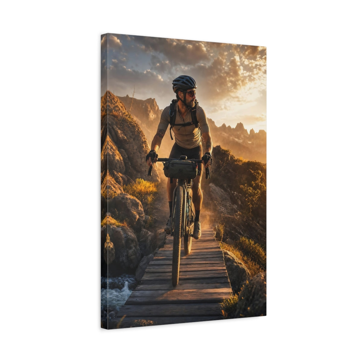 Side Mockup 3. Nature Mountain Biker Golden Sunset Biking shown as canvas print
